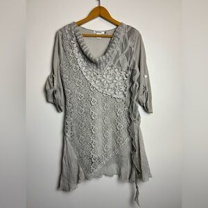 Feratelli Blouse TunicTop Women S Gray Silver Lagenlook Fairy Beaded embroidery